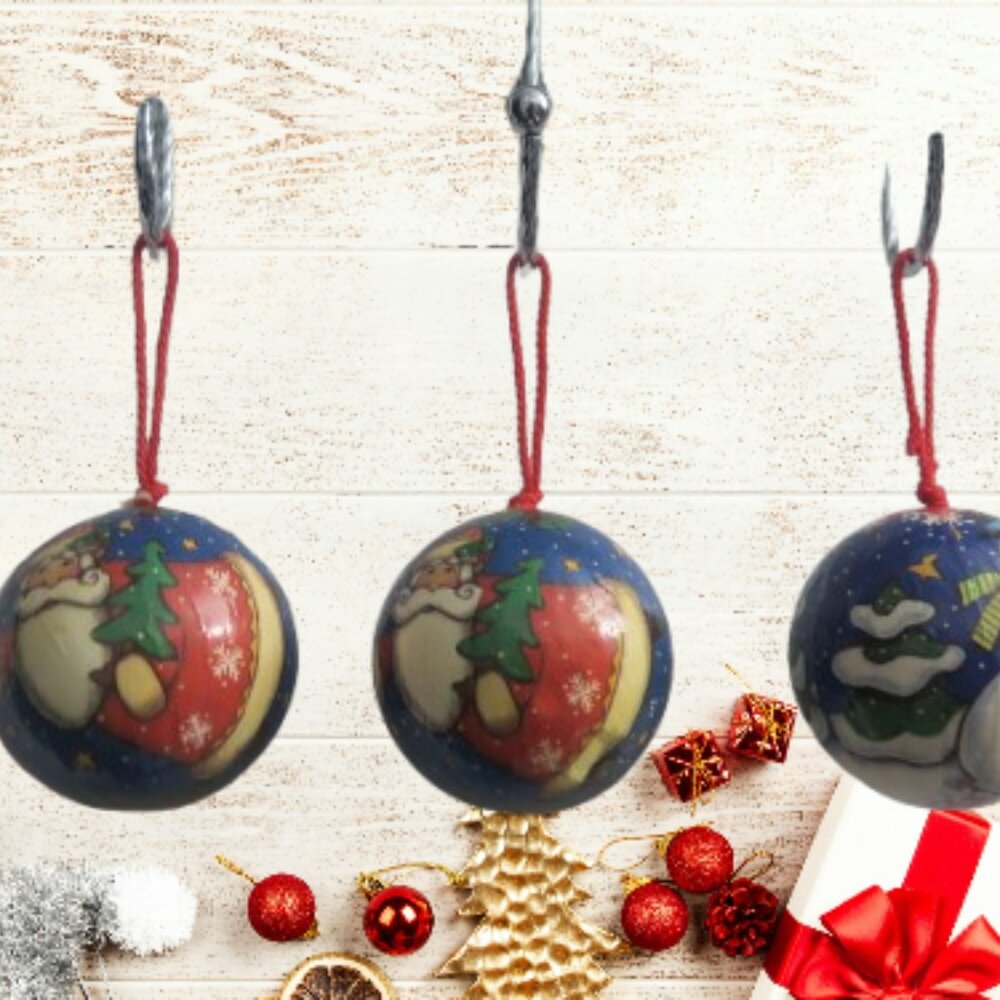3 Vintage 1996 Decoupage Christmas Ball Ornaments With Red String. Santa Claus